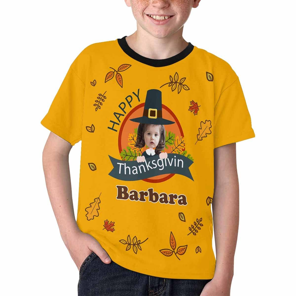 Custom #6-15Y Custom Face&Name Happy Thanksgiving Kid's All Over Print T-shirt - YesCustom