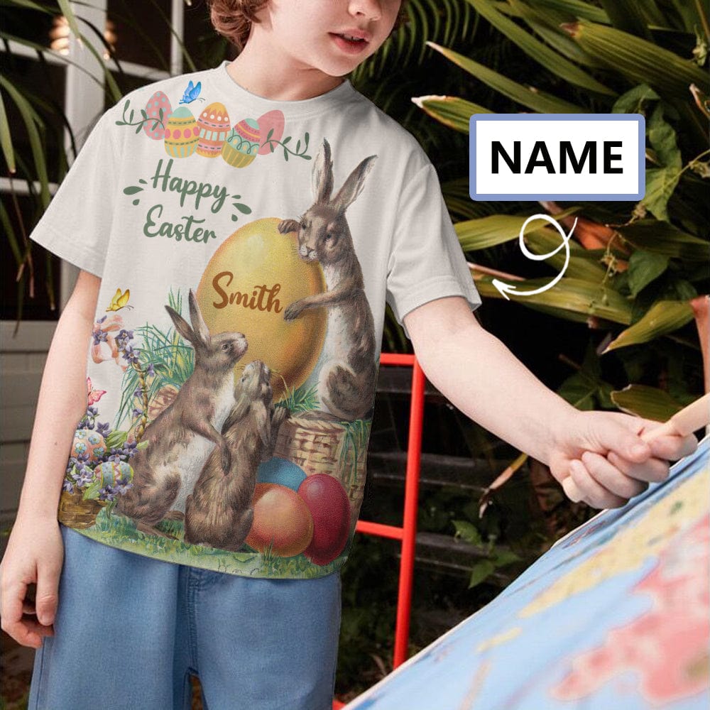 Custom #6-15Y Custom Name Happy Easter Flowers Kid's All Over Print T-shirt - YesCustom