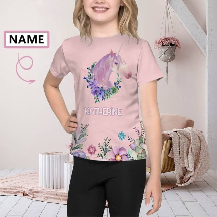 Custom #6-15Y Custom Name Unicorn Flower Kid's T-shirt Print Your Own Personalized Text Name on Tshirt - YesCustom