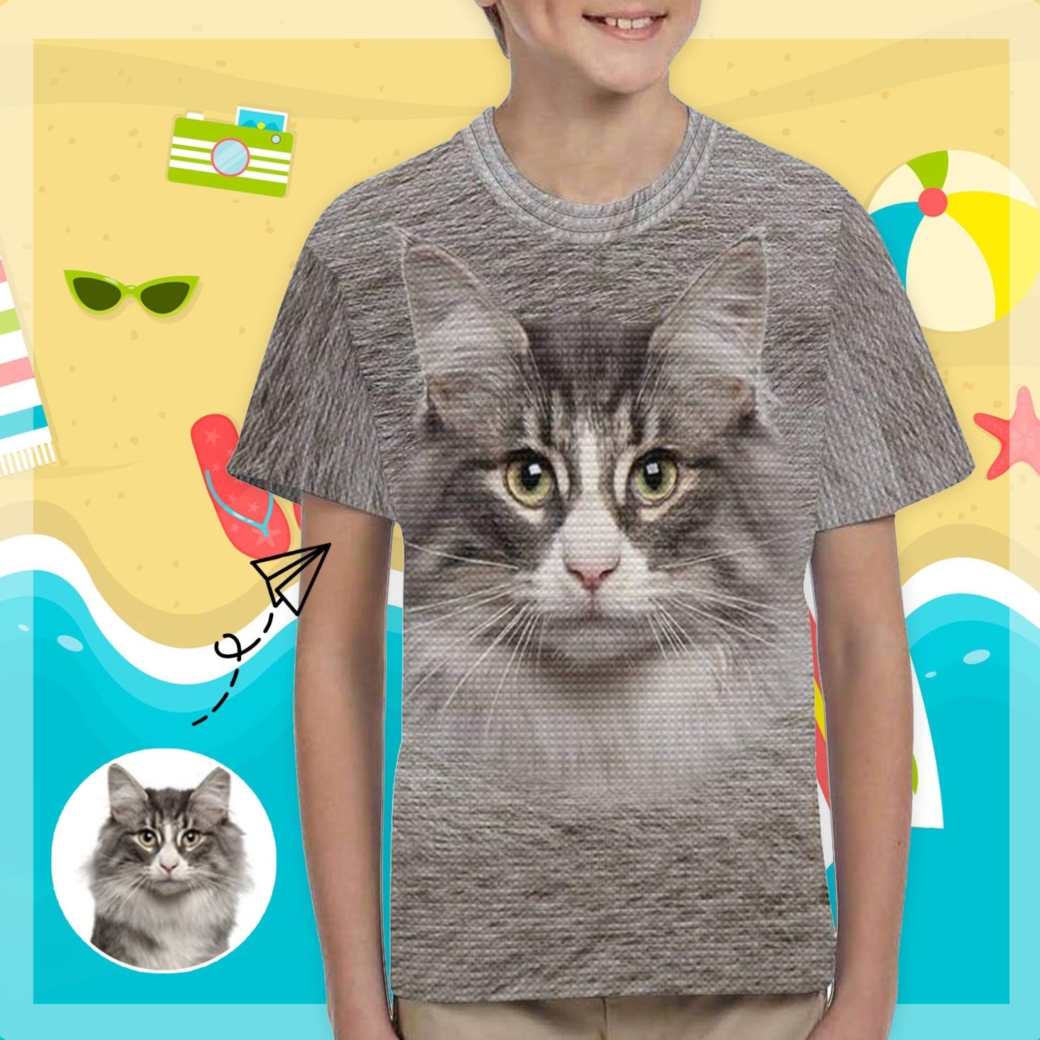 Custom #6-15Y Custom Photo Cute Cat Face Kid's All Over Print T-shirt - YesCustom