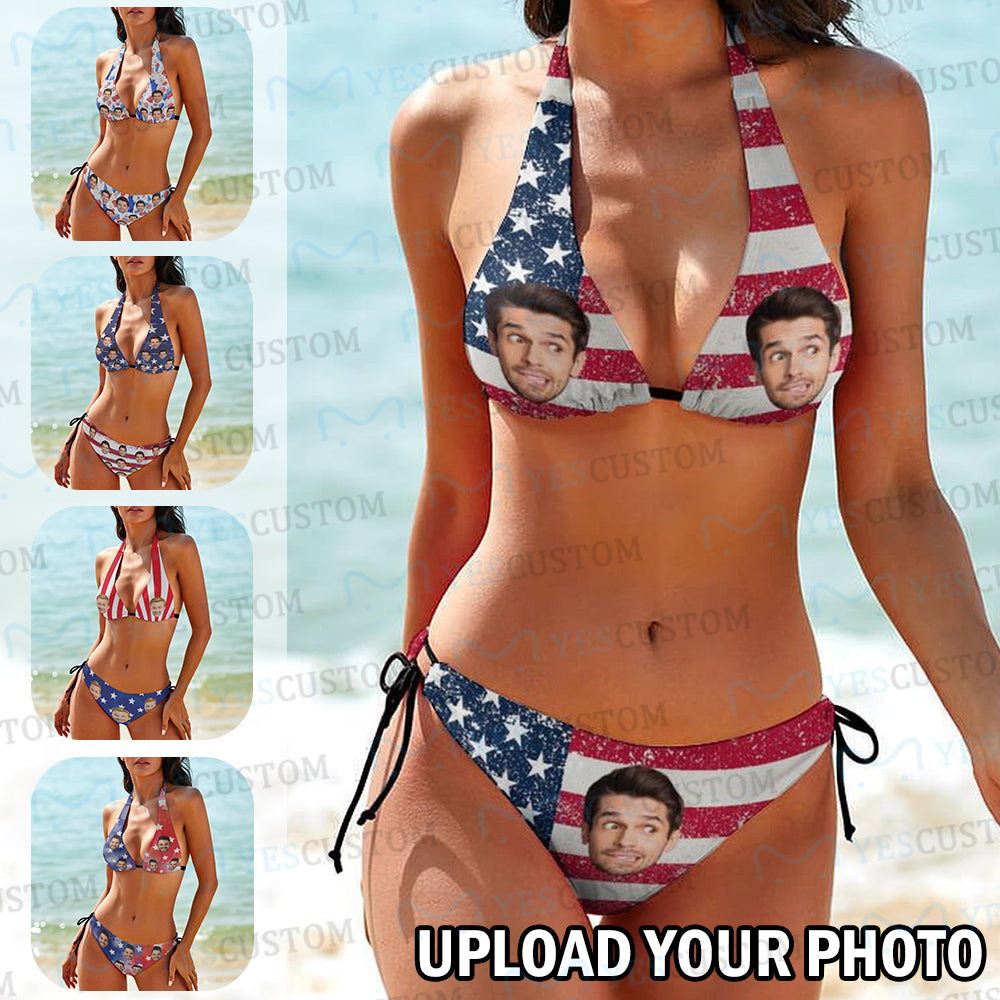 Custom Face US Flag Deep V Neck Bikini Set Halter Tie Side Low Waisted Triangle Bikini Personalized Bathing Suit Independence Day