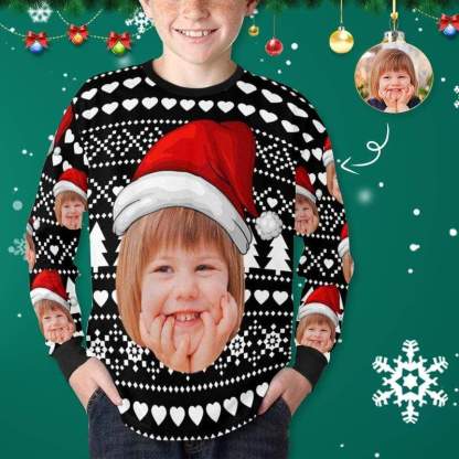 Custom #7-16Y Custom Face Christmas Tree Kids' Rib Cuff Long Sleeve T-shirt - YesCustom