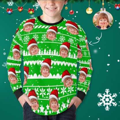 Custom #7-16Y Custom Face Happy Christmas Kids' Rib Cuff Long Sleeve T-shirt - YesCustom