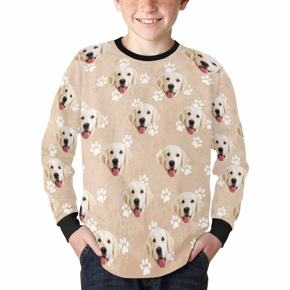 Custom #7-16Y Custom Face Paw Print Kids' Rib Cuff Long Sleeve T-shirt - YesCustom