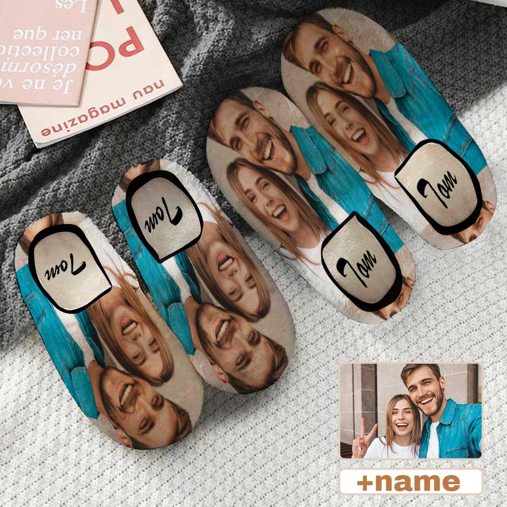 Custom 7 AM Custom Couple Photo&Name All Over Print Personalized Non-Slip Cotton Slippers For Couple Girlfriend Boyfriend - YesCustom