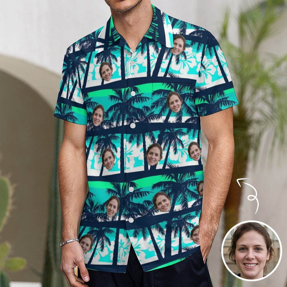 Custom Custom Face Coconut Tree Casual Shirt Men Front Pocket Shortsleeve Beach Pocket Hawaiian Shirt Personalized Shirt Design Your Own Gift - YesCustom