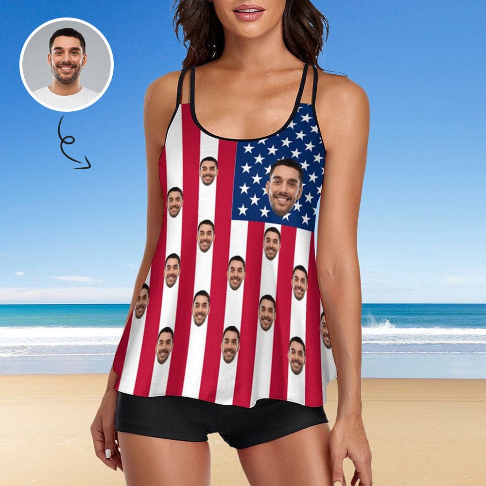 Custom Custom Face American Flag Swimsuit Women's Tankini Personalized Two Piece Bathing Suit For Women - YesCustom