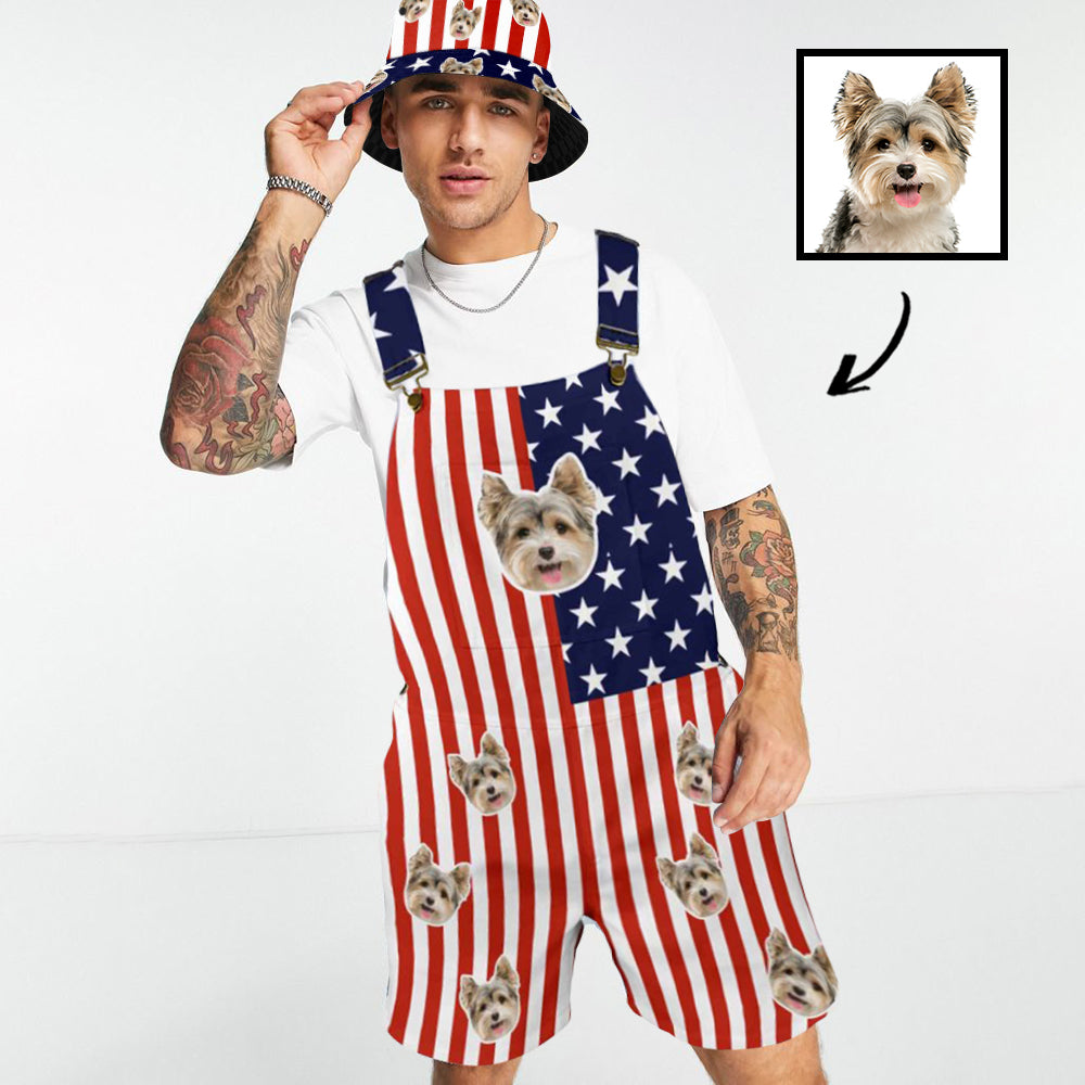 Custom Face American Flag Overalls Bib Denim Shorts Jean Romper Casual Workout Adjustable Strap Jumpsuit