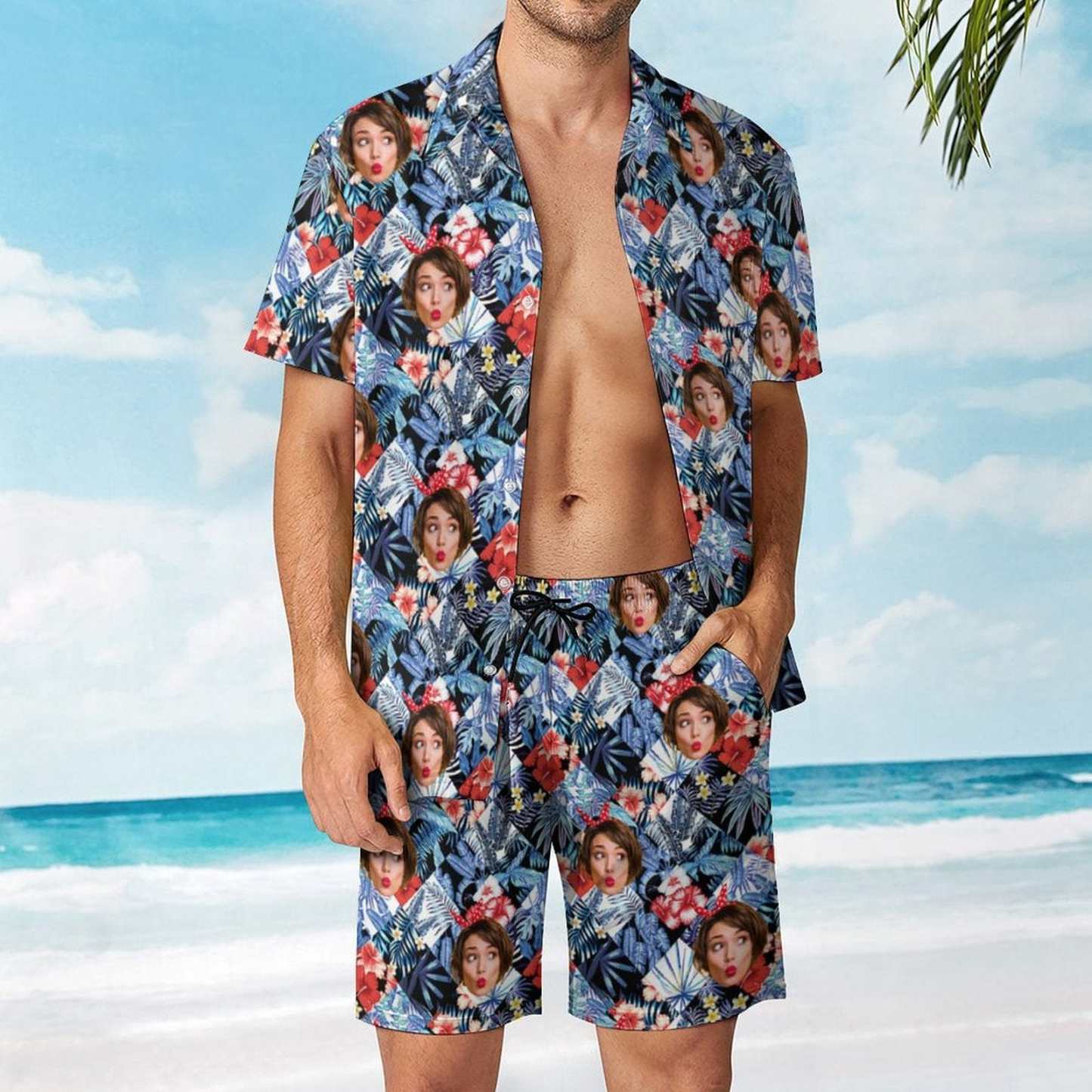 Custom 9 Styles Custom Face on Hawaiian Set Tropical Leaves Style Beach Holiday Hawaiian Shirt & Summer Shorts Set - YesCustom