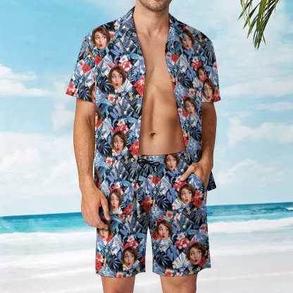Custom 9 Styles Custom Face on Hawaiian Set Tropical Leaves Style Beach Holiday Hawaiian Shirt & Summer Shorts Set - YesCustom
