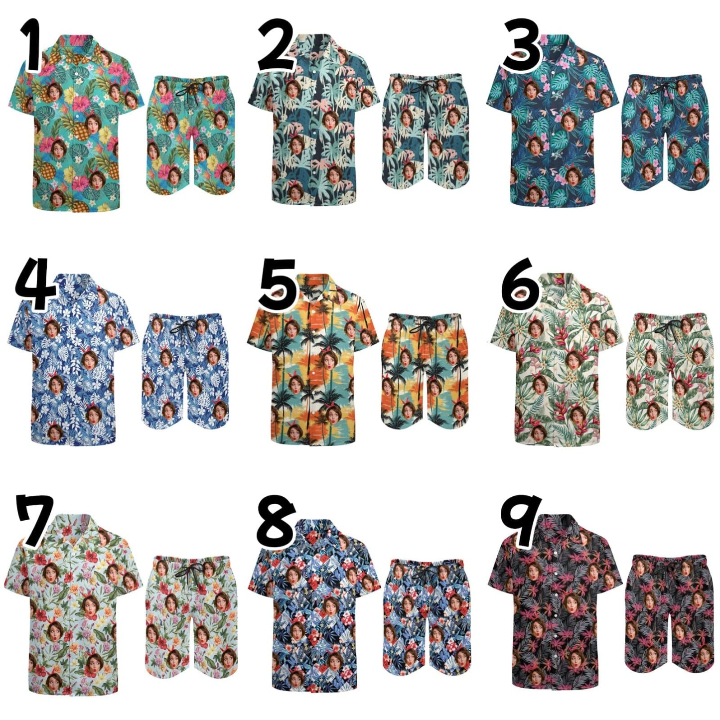Custom 9 Styles Custom Face on Hawaiian Set Tropical Leaves Style Beach Holiday Hawaiian Shirt & Summer Shorts Set - YesCustom