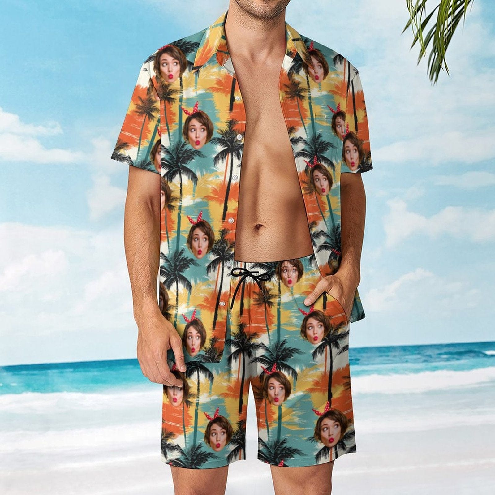 Custom 9 Styles Custom Face on Hawaiian Set Tropical Leaves Style Beach Holiday Hawaiian Shirt & Summer Shorts Set - YesCustom