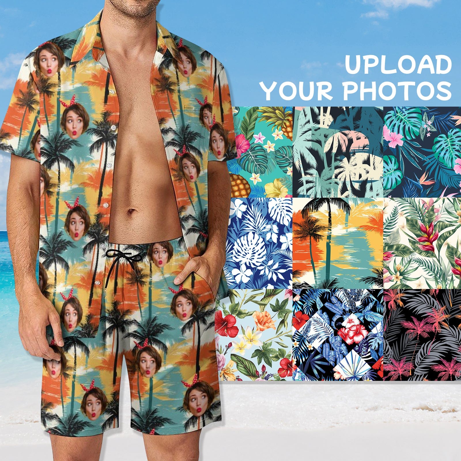 Custom 9 Styles Custom Face on Hawaiian Set Tropical Leaves Style Beach Holiday Hawaiian Shirt & Summer Shorts Set - YesCustom