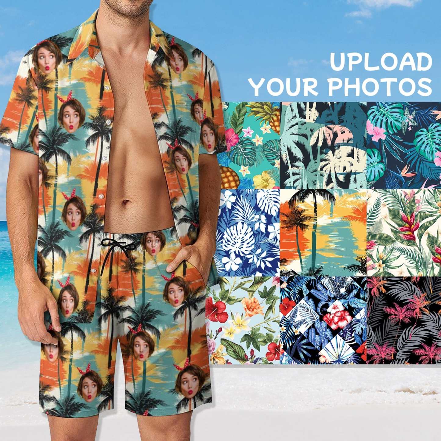 Custom 9 Styles Custom Face on Hawaiian Set Tropical Leaves Style Beach Holiday Hawaiian Shirt & Summer Shorts Set - YesCustom