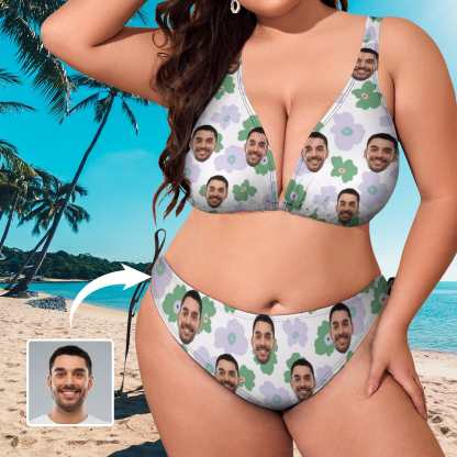 Custom #Plus Size Halter Trikini-Custom Face Flowers Plus Size Swimsuit Deep V Neck Halter Tie Side Low Waisted Triangle Bikini Personalized Bathing Suit Beach Outfits - YesCustom