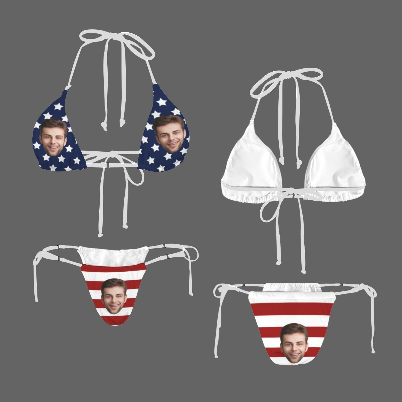 Custom Face American Flag Halter String Bikini Set Women's Two Piece Sexy Triangle Bikini