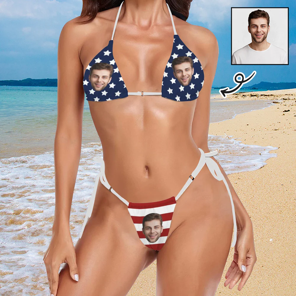 Custom Face American Flag Halter String Bikini Set Women's Two Piece Sexy Triangle Bikini