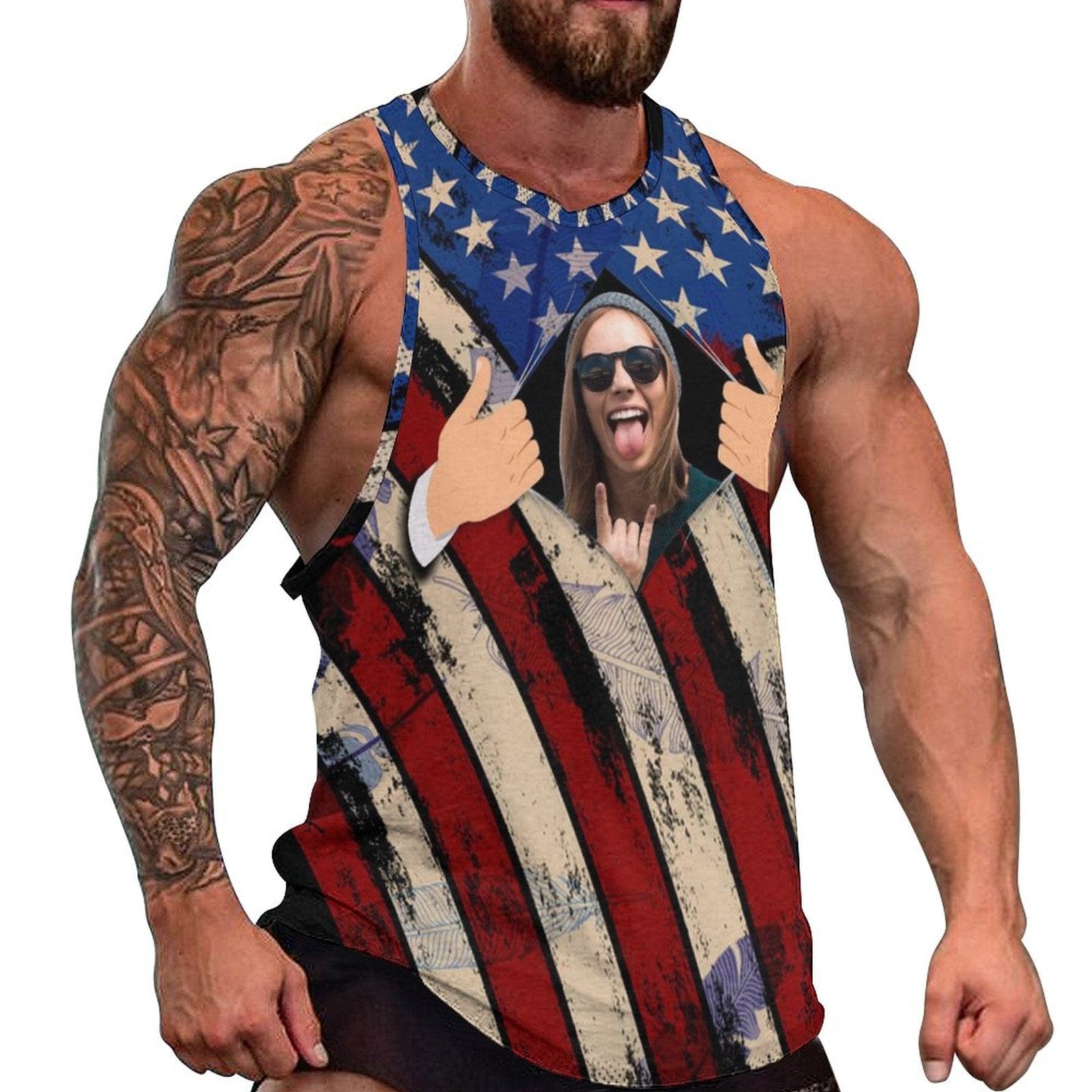 Custom American Flag Men's Tank Top Personalized Tank Tops for Men Custom Photo Sleeveless Shirt - YesCustom