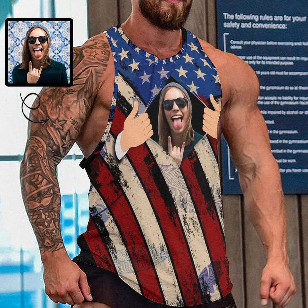 Custom American Flag Men's Tank Top Personalized Tank Tops for Men Custom Photo Sleeveless Shirt - YesCustom