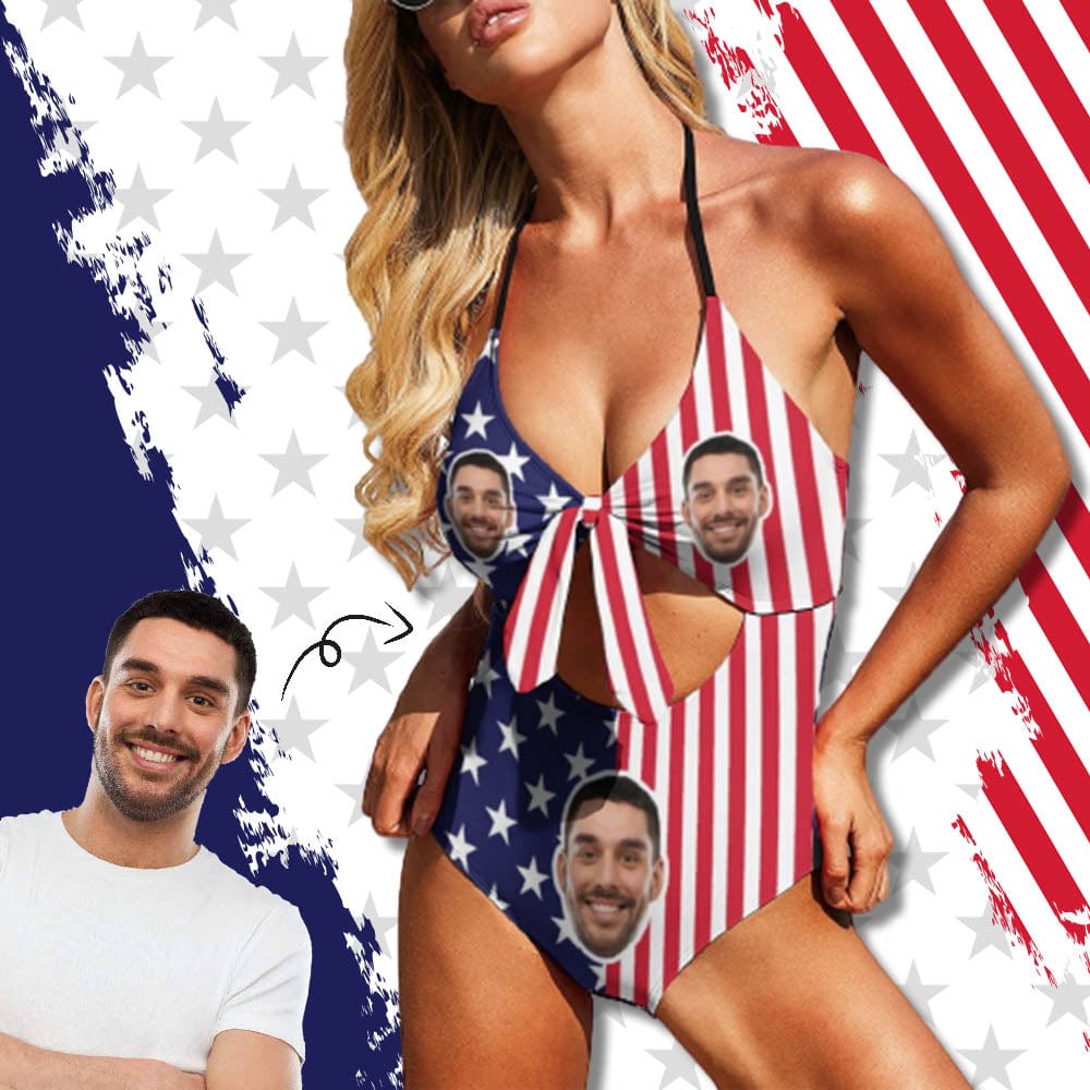 Custom American Flag Monokini Custom Boyfriend Face Flag Swimsuit Women's Backless Bow Hollow Out Swimsuit - YesCustom
