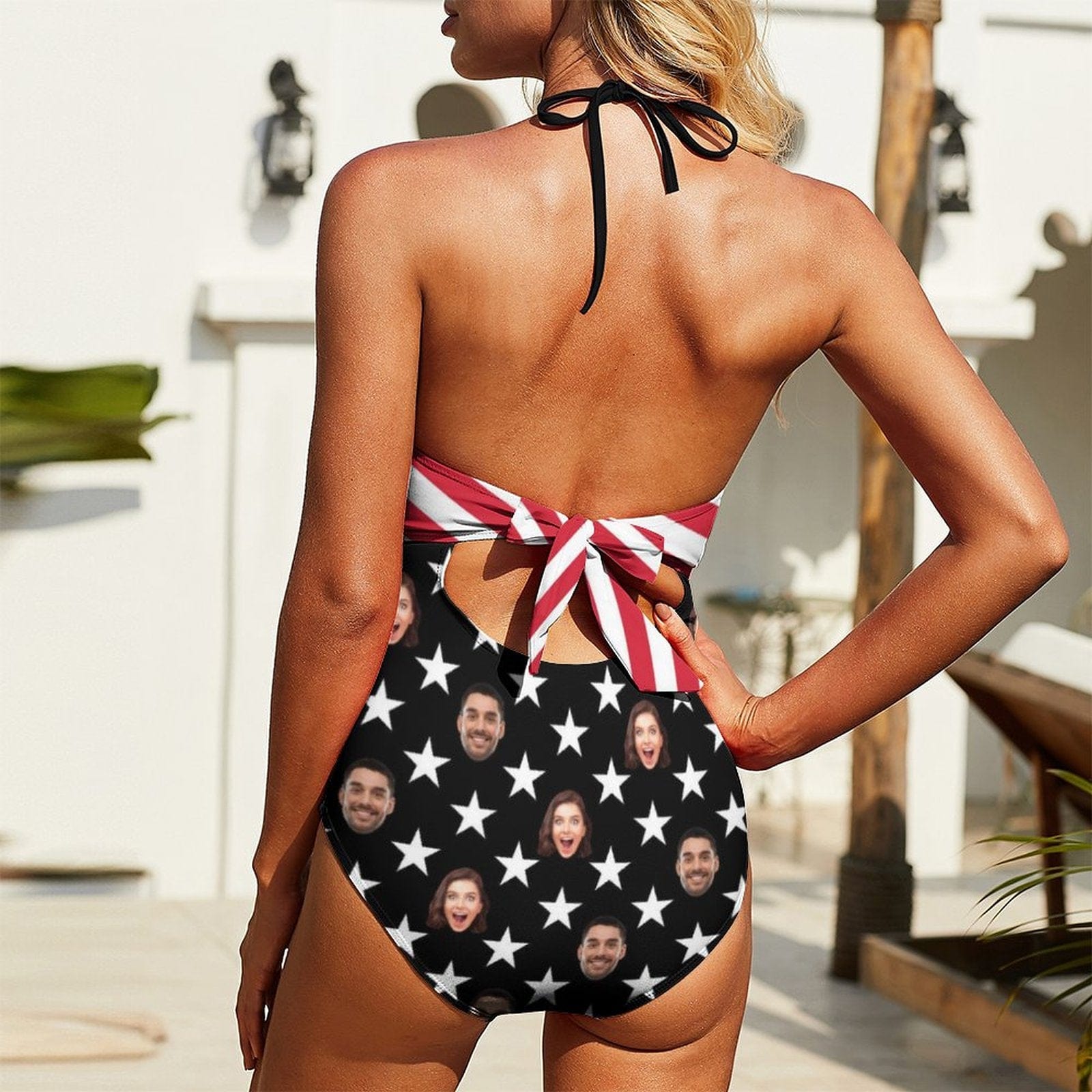 Custom American Flag Monokini Custom Couple Face Flag Swimsuit Personalized Women's Backless Bow One Piece Bathing Suit - YesCustom
