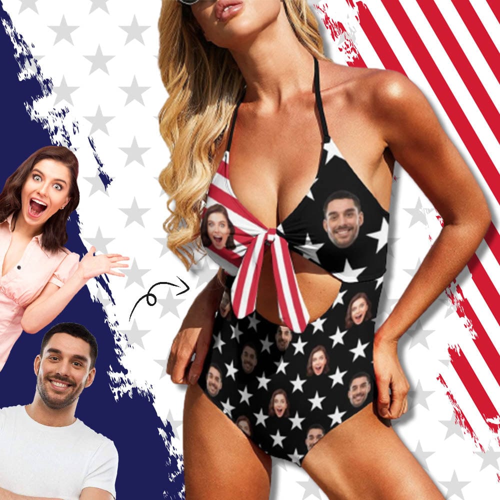 Custom American Flag Monokini Custom Couple Face Flag Swimsuit Personalized Women's Backless Bow One Piece Bathing Suit - YesCustom