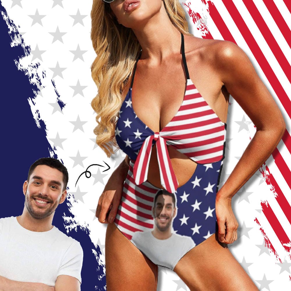 Custom American Flag Monokini Custom Face Flag Swimsuit Personalized Women's Backless Bow Hollow Out One Piece Bathing Suit - YesCustom