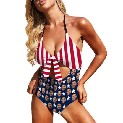 Custom American Flag Monokini Custom Face Swimsuit American Flag Personalized Women's Backless Bow One Piece Bathing Suit - YesCustom
