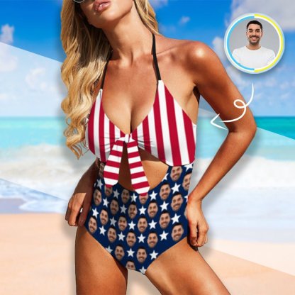Custom American Flag Monokini Custom Face Swimsuit American Flag Personalized Women's Backless Bow One Piece Bathing Suit - YesCustom