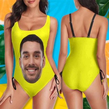 Custom Bachelorette Swimsuit-Custom Face&Name Bride Swimsuit Personalized Women's New Drawstring Side One Piece Bathing Suit Bridesmaid Party Swimsuits - YesCustom