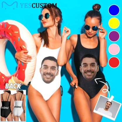 Custom Bachelorette Swimsuit-Custom Face&Name Bride Swimsuit Personalized Women's New Drawstring Side One Piece Bathing Suit Bridesmaid Party Swimsuits - YesCustom