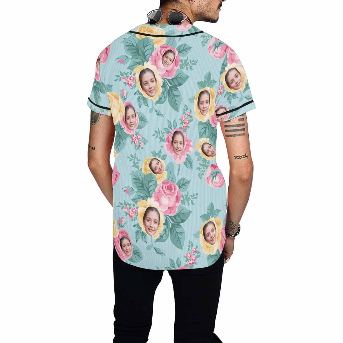 Custom Face Light Green Flower Men's All Over Print Baseball Jersey