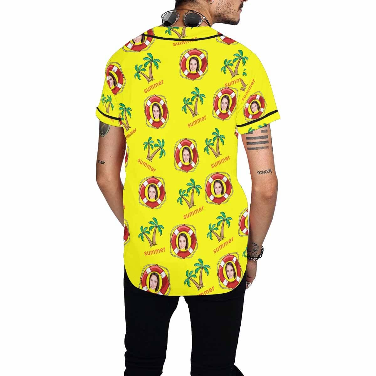 Custom Face Yellow Swimming Ring Men's All Over Print Baseball Jersey