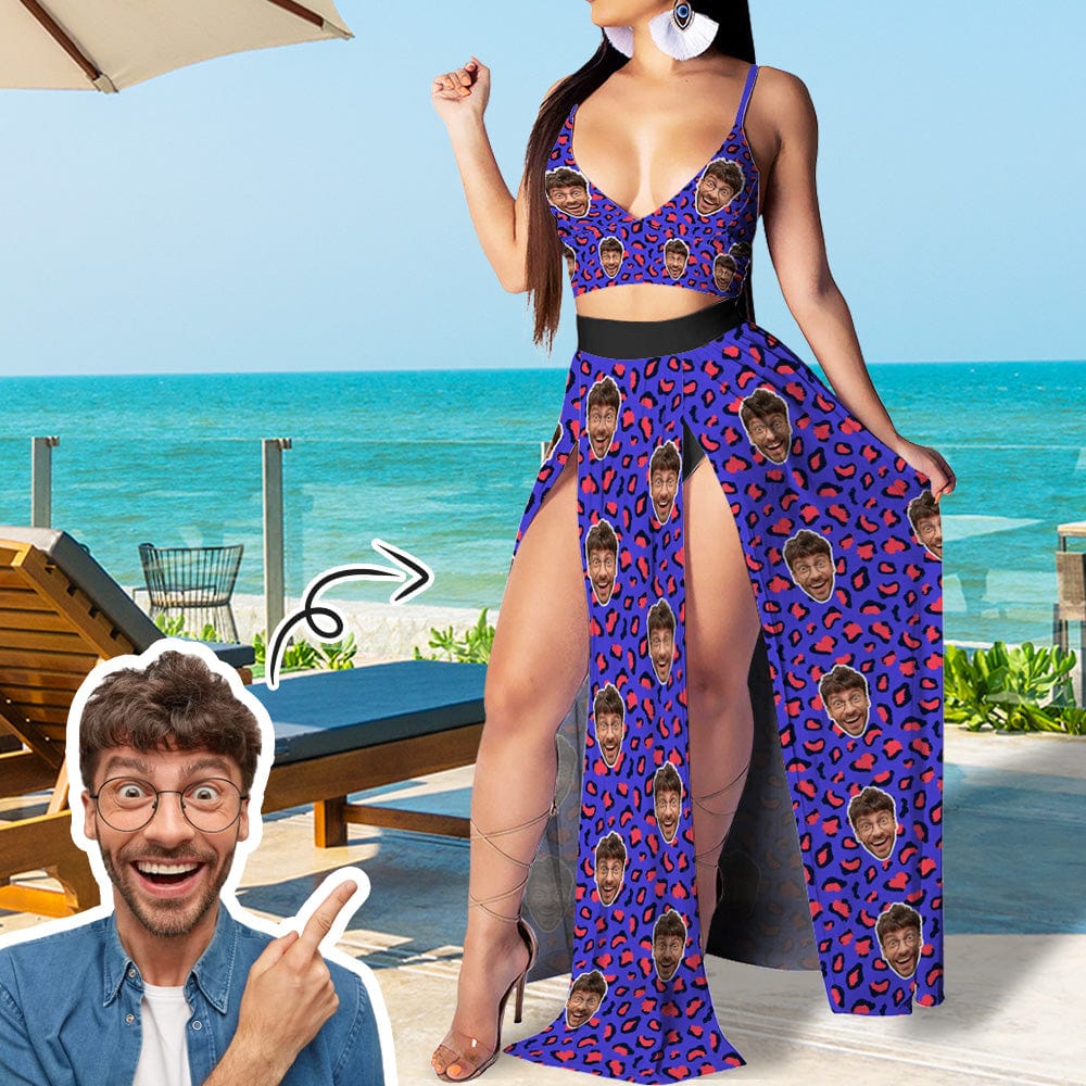 Custom Face Purple Leopard Outfits Crop Top High Split Maxi Skirt Set