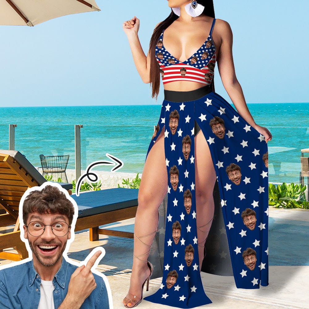 Custom Face USA Flag Women Outfits Crop Top High Split Maxi Skirt Set