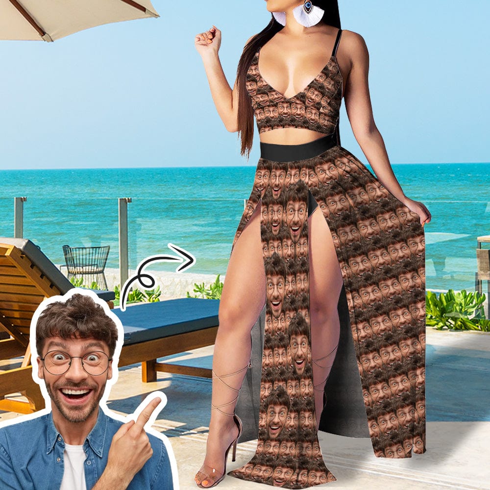 Custom Seamless Face Women Outfits Crop Top High Split Maxi Skirt Set