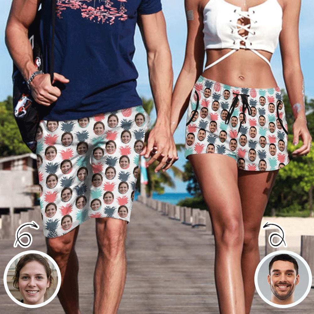 Custom Face Pineapple Personalized Couple Matching Beach Shorts