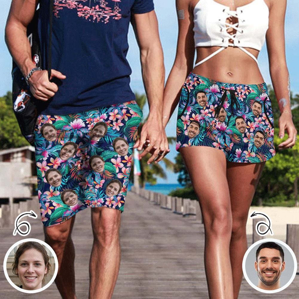 Custom Face Tropical Plants Personalized Couple Matching Beach Shorts