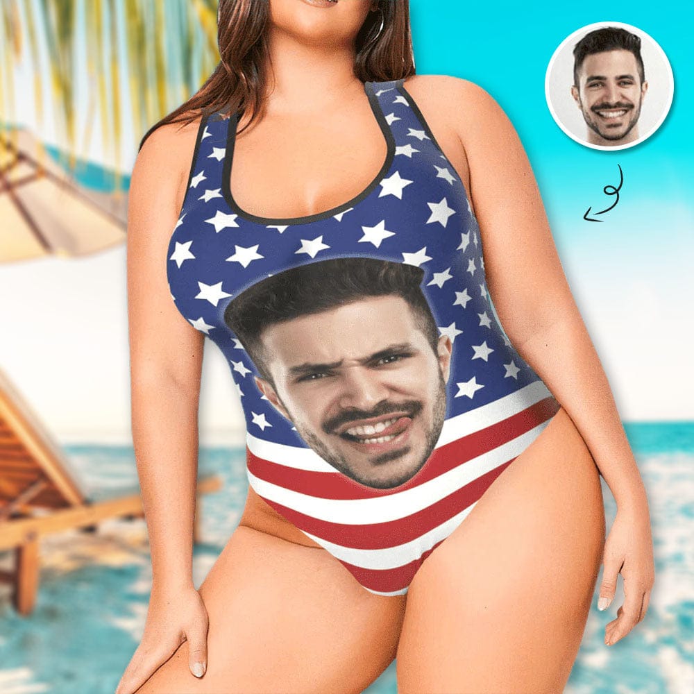 Custom Best Plus Size Swimsuit#American Flag Maternity Bathingsuit #Independence Day#Custom Husband Face American Flag Swimsuit Personalized Tank Top One Piece Bathing Suit Celebrate Holiday Party - YesCustom