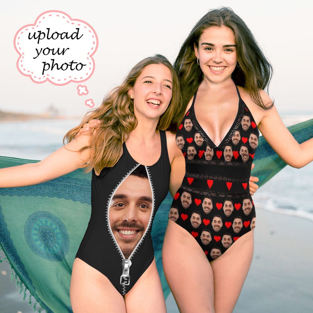Custom Bestie Beach Party Custom Face Zipper Love Heart Tank Top Swimsuit&Strap Swimsuit - YesCustom