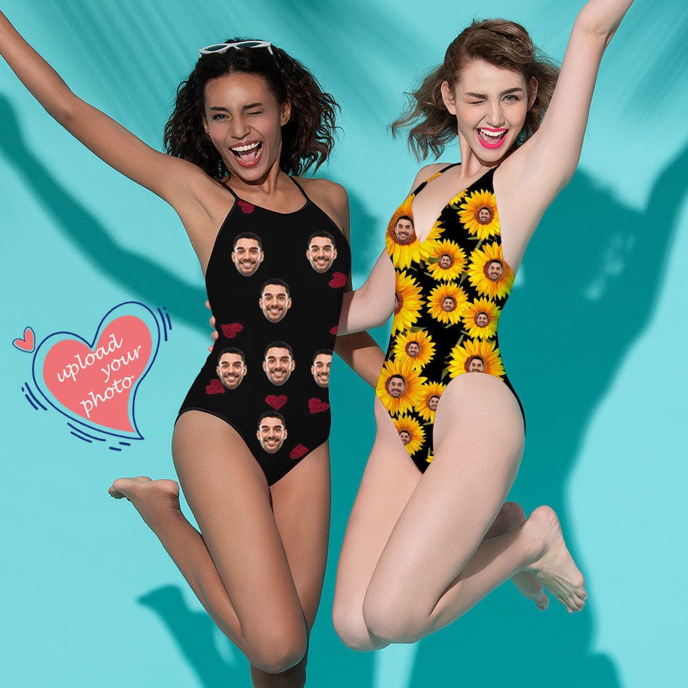 Custom Bestie Party Bathingsuit Custom Face Love Heart Sunflower One Piece Bathing Suit&Backless Swimsuit - YesCustom