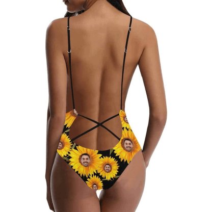 Custom Bestie Party Bathingsuit Custom Face Love Heart Sunflower One Piece Bathing Suit&Backless Swimsuit - YesCustom