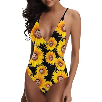 Custom Bestie Party Bathingsuit Custom Face Love Heart Sunflower One Piece Bathing Suit&Backless Swimsuit - YesCustom