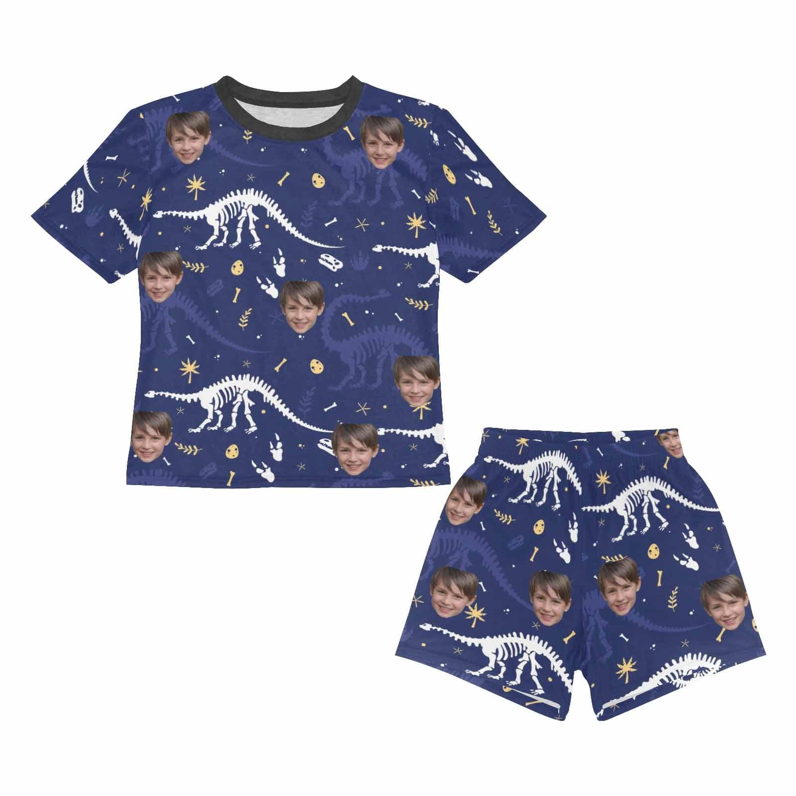Custom Big Boy Pajamas Custom Face Dinosaur Nightwear Personalized Kids Short Sleeve Pajama Set For Boys 8-15Y - YesCustom