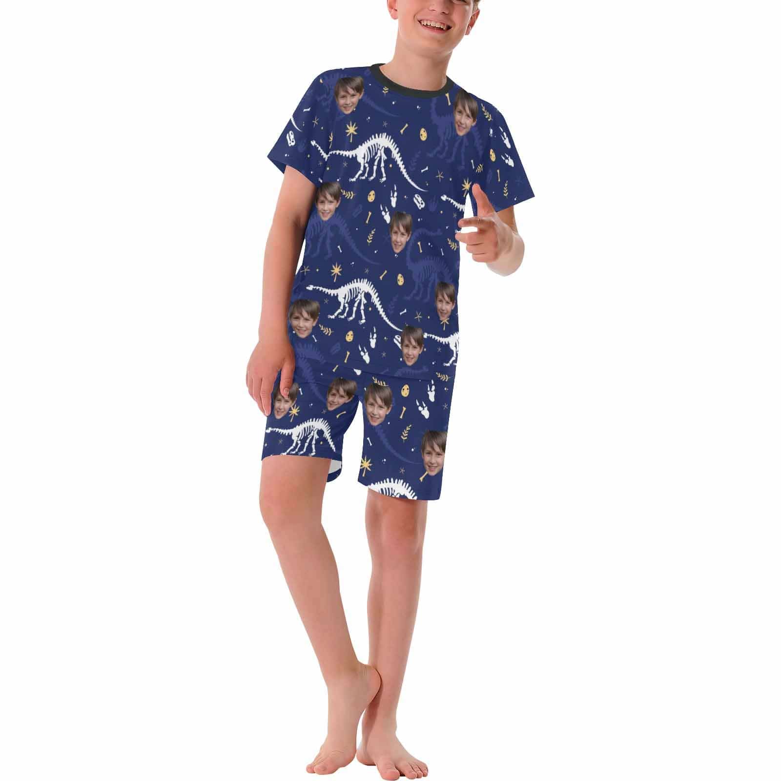 Custom Big Boy Pajamas Custom Face Dinosaur Nightwear Personalized Kids Short Sleeve Pajama Set For Boys 8-15Y - YesCustom