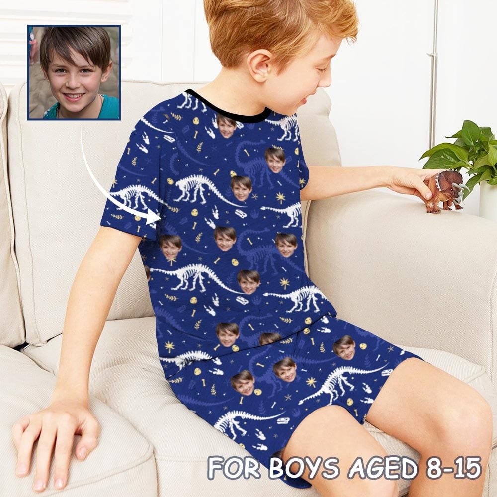 Custom Big Boy Pajamas Custom Face Dinosaur Nightwear Personalized Kids Short Sleeve Pajama Set For Boys 8-15Y - YesCustom