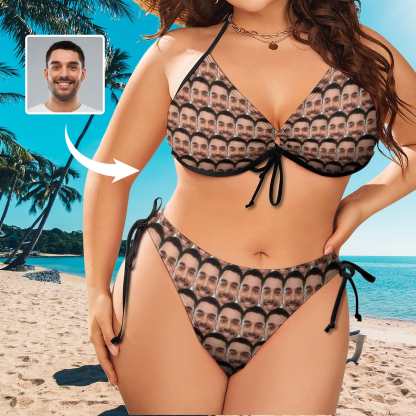 Custom #Plus Size Halter Trikini-Custom Seamless Face Plus Size Swimsuit String Link Halter Tie Side Low Waisted Triangle Bikini Personalized Bathing Suit - YesCustom