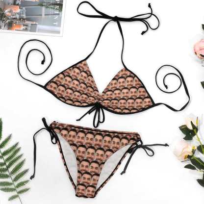Custom #Plus Size Halter Trikini-Custom Seamless Face Plus Size Swimsuit String Link Halter Tie Side Low Waisted Triangle Bikini Personalized Bathing Suit - YesCustom