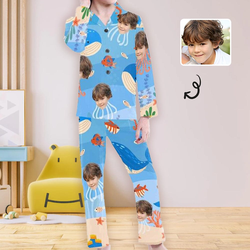 Custom Big Kids Pajamas Whale Seabed Pajamas with Face Custom Photo Personalized Pajama Set For Girls 8-15Y - YesCustom