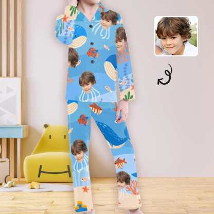Custom Big Kids Pajamas Whale Seabed Pajamas with Face Custom Photo Personalized Pajama Set For Girls 8-15Y - YesCustom